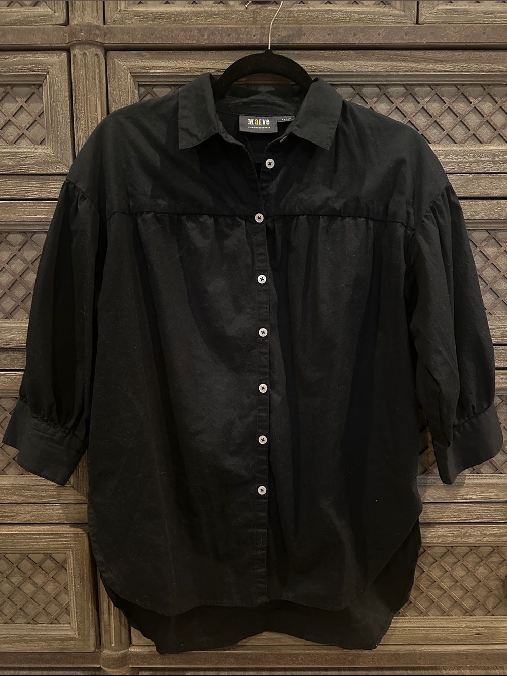 Anthropologie Maeve Black Button-Front 3/4-Sleeve Blouse